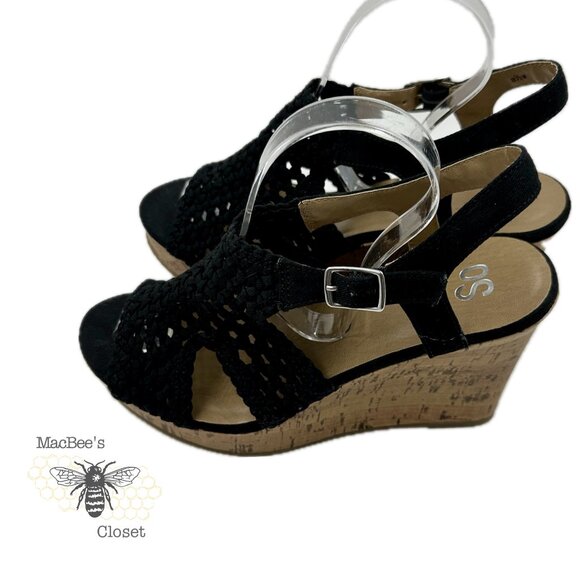 SO Taffy Wedge Heel Sandals Women's Woven Peep Toe With Cork Heel Size 8.5 Black - Picture 7 of 14